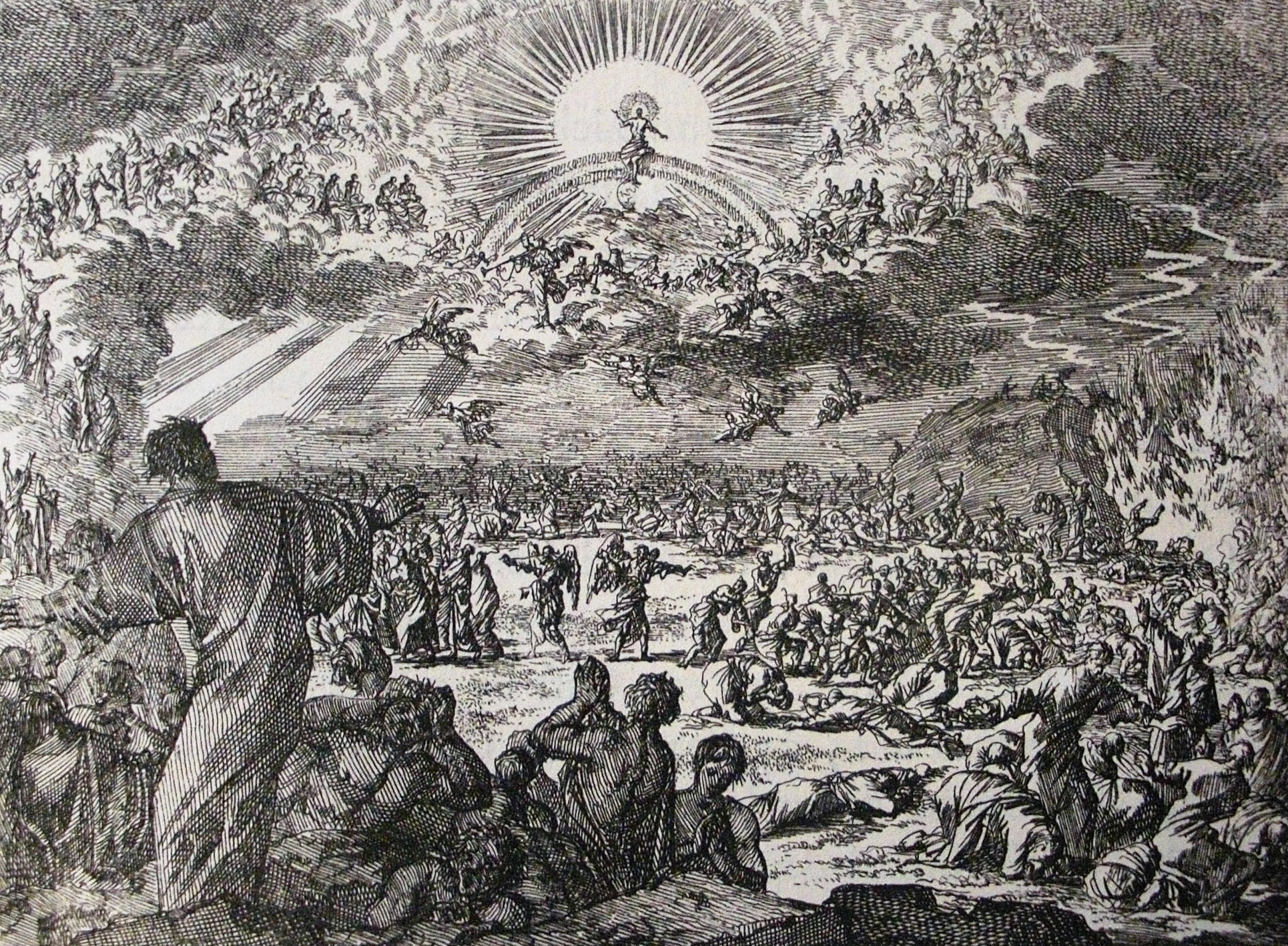 The last judgement, many people sit around each other in a black and white photo.