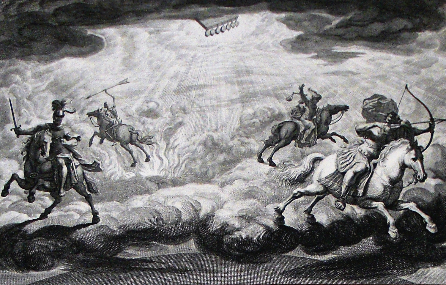 Black and white image of people on horses battling.