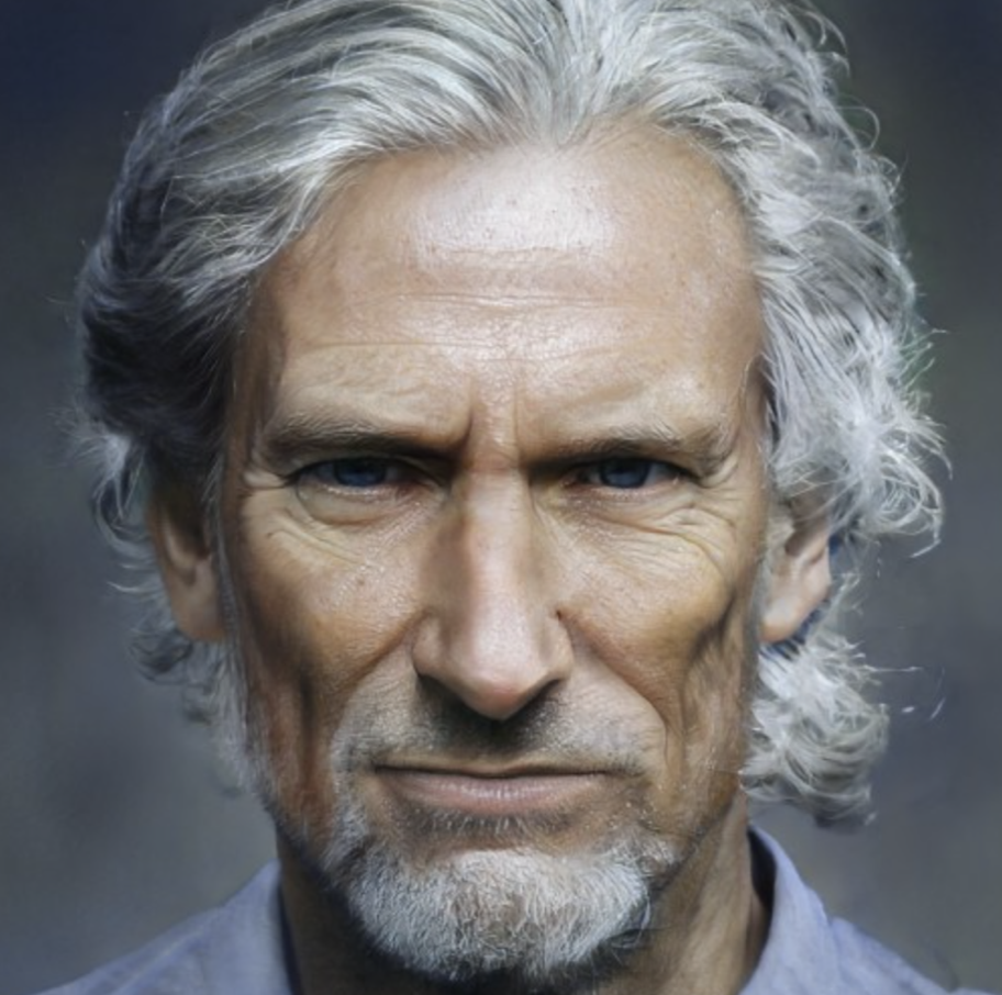 The Governor, caucasian man in his 50s with mid-length gray hair, facial hair, and blue eyes