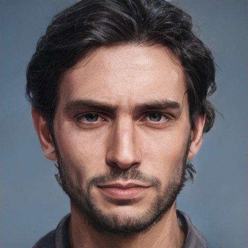 Caucasian man in his 30s with mid-length dark hair, some facial hair, and gray eyes