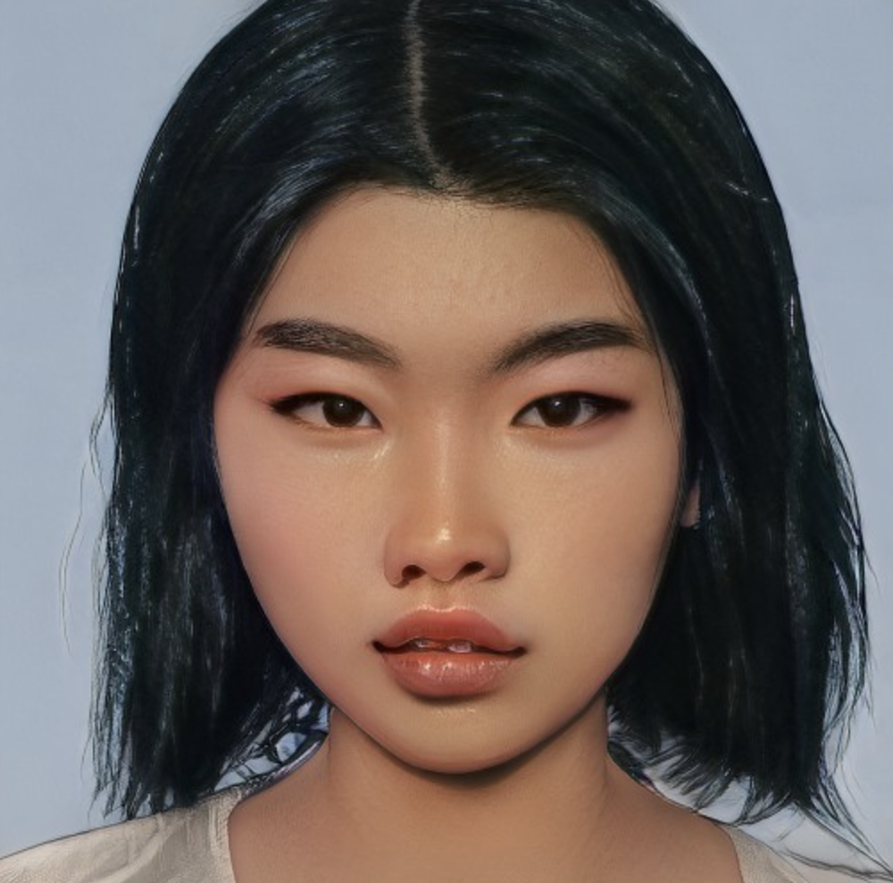 Teen girl with medium warm toned skin, chin length black hair, and dark eyes