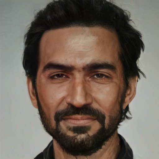 Middle aged man with dark-medium toned skin, short dark hair and facial hair, and dark eyes
