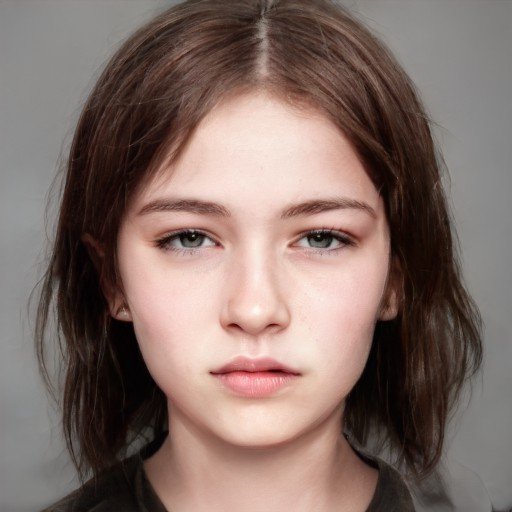 Caucasian teen girl with medium length brown hair and gray eyes