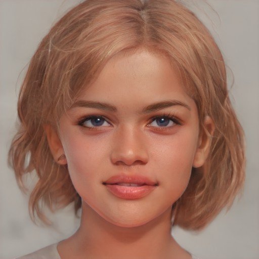 Teen girl with medium toned skin, short honey blonde hair, and dark eyes, bears strong physical resemblance to Shel