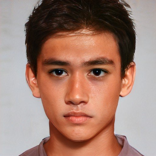 Teen boy with medium toned skin, short cropped dark hair, and dark eyes
