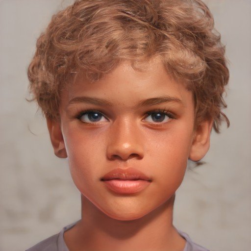 Young boy with medium toned skin, short, curly dark blonde hair, and dark eyes
